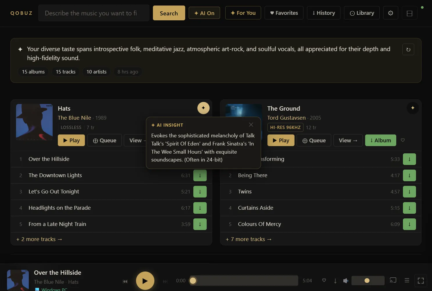 The AI blob visualizer on the home page — a frequency-mapped canvas animation that reacts to the music