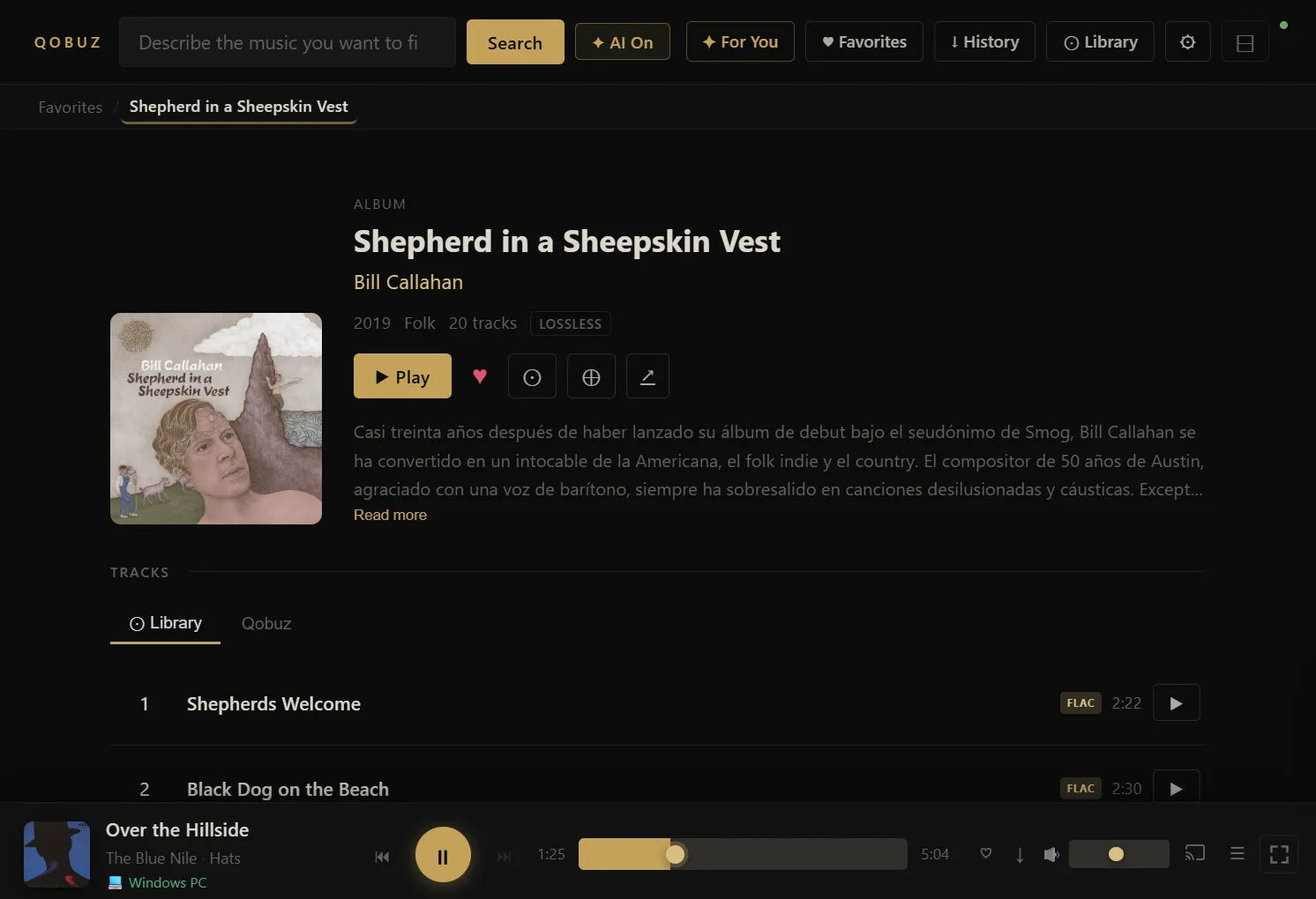 Album detail view — track listing pulled from both local library and Qobuz, with lossless quality badges